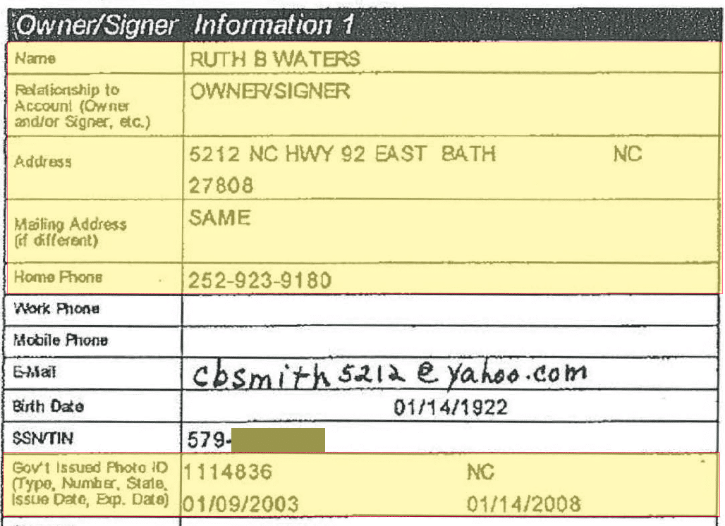 Ruth Waters Information Block on Bank Account Opening Form Which Micah Ball of Greenville claimed was forged.